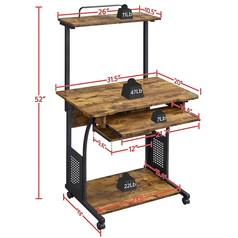 Bureau d'ordinateur portable avec 4 étagères et tablette coulissante pour clavier