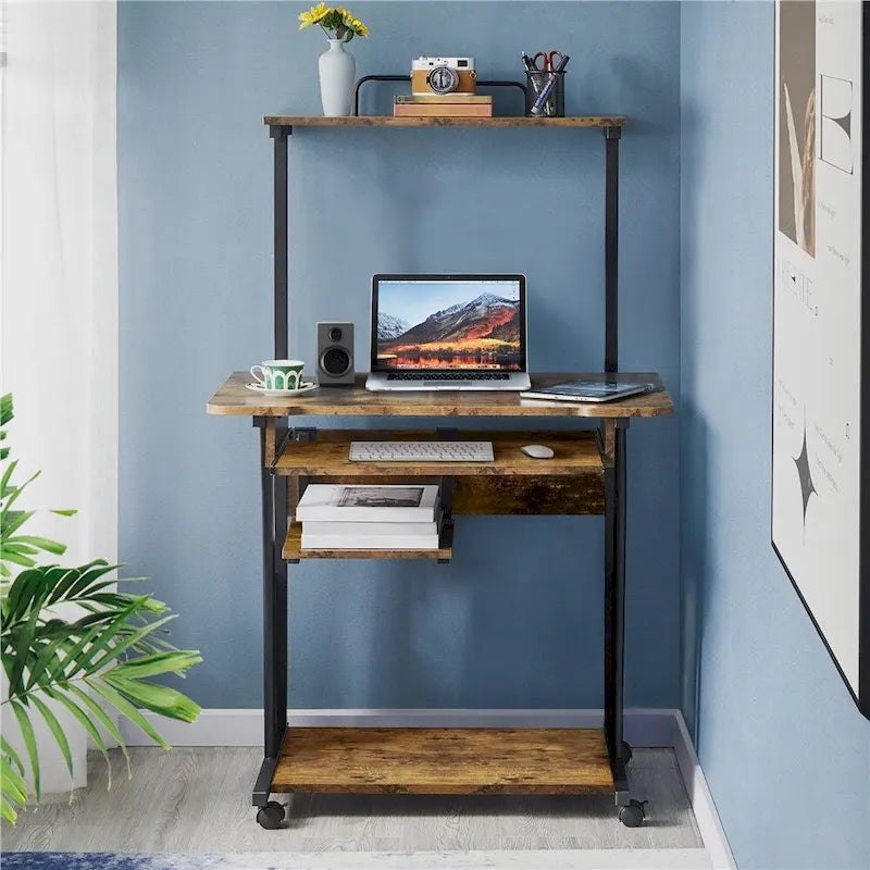 Bureau d'ordinateur portable avec 4 étagères et tablette coulissante pour clavier