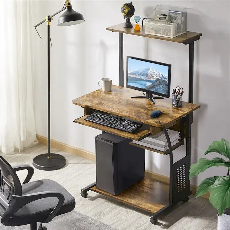 Bureau d'ordinateur portable avec 4 étagères et tablette coulissante pour clavier