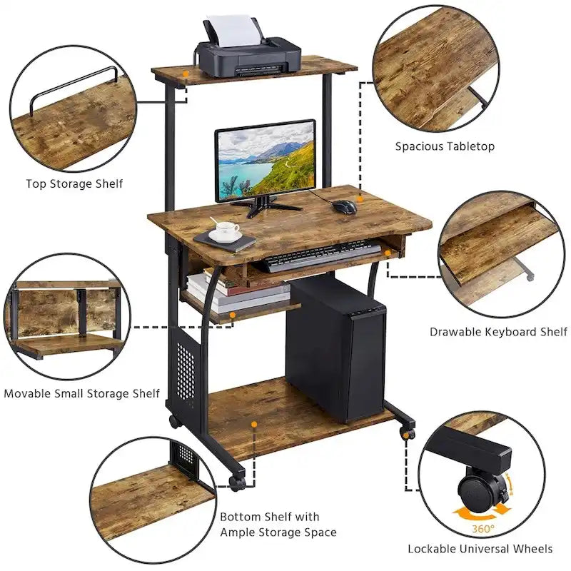 Bureau d'ordinateur portable avec 4 étagères et tablette coulissante pour clavier