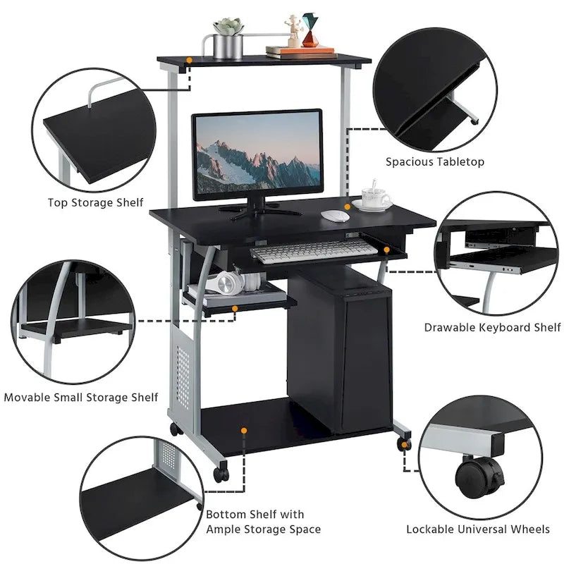 Bureau d'ordinateur portable avec 4 étagères et tablette coulissante pour clavier