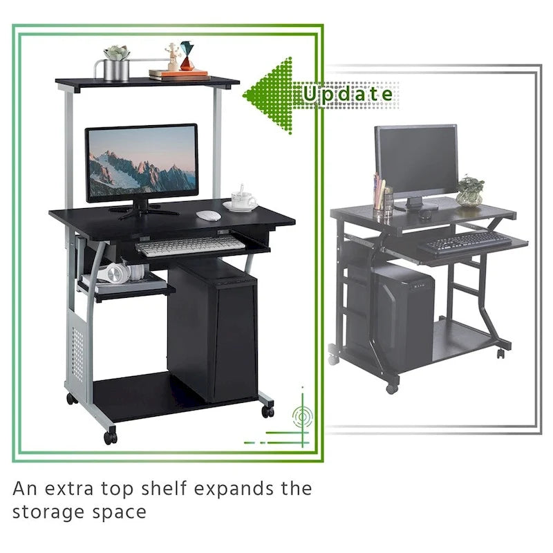 Bureau d'ordinateur portable avec 4 étagères et tablette coulissante pour clavier