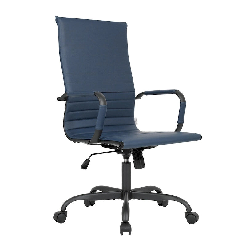 Chaise de bureau pivotante à dossier haut réglable en cuir côtelé avec structure en métal noir pour conférence ou bureau à domicile