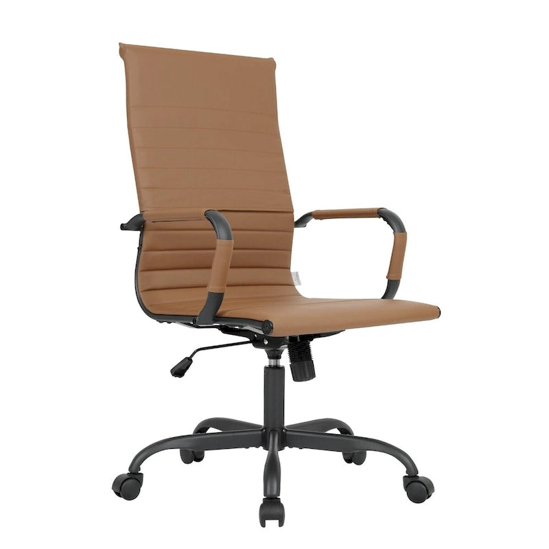 Chaise de bureau pivotante à dossier haut réglable en cuir côtelé avec structure en métal noir pour conférence ou bureau à domicile