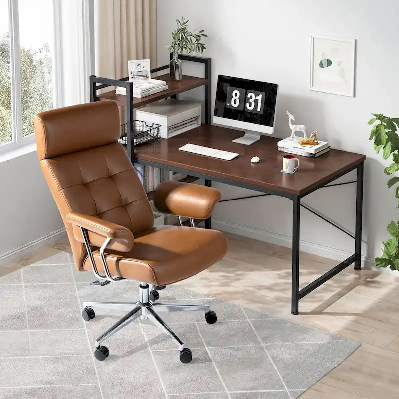 Fauteuil de bureau pivotant moderne du milieu du siècle, avec accoudoirs, en similicuir marron, réglable en hauteur par vérin à gaz