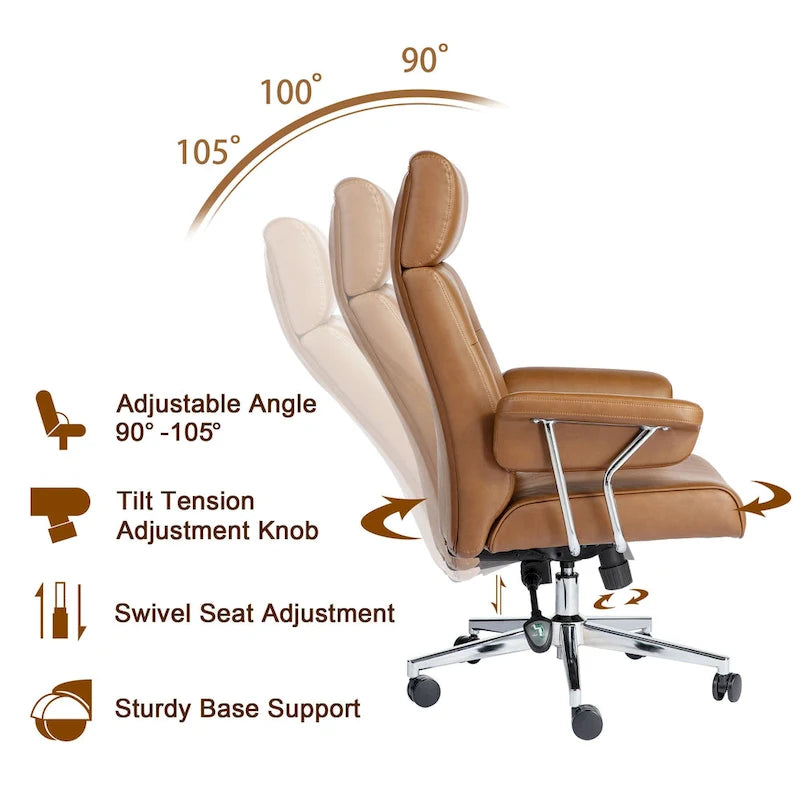 Fauteuil de bureau pivotant moderne du milieu du siècle, avec accoudoirs, en similicuir marron, réglable en hauteur par vérin à gaz