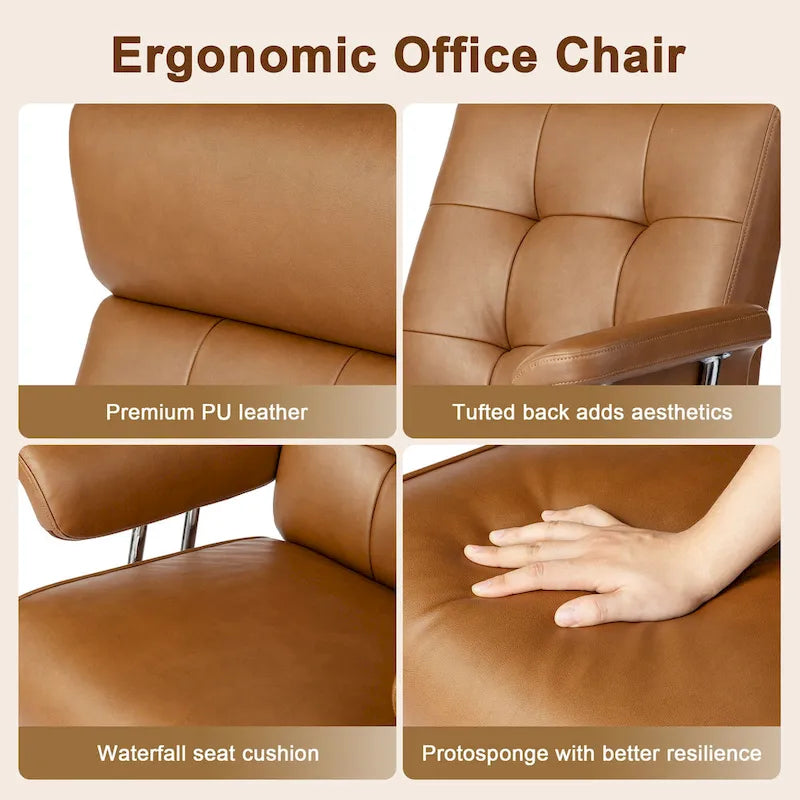 Fauteuil de bureau pivotant moderne du milieu du siècle, avec accoudoirs, en similicuir marron, réglable en hauteur par vérin à gaz