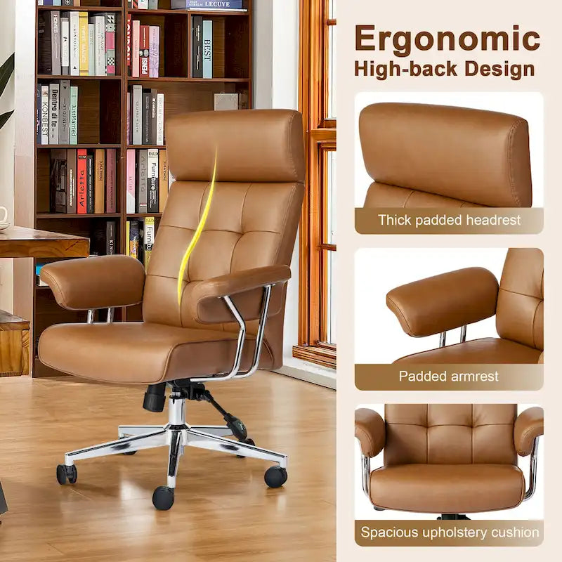 Fauteuil de bureau pivotant moderne du milieu du siècle, avec accoudoirs, en similicuir marron, réglable en hauteur par vérin à gaz
