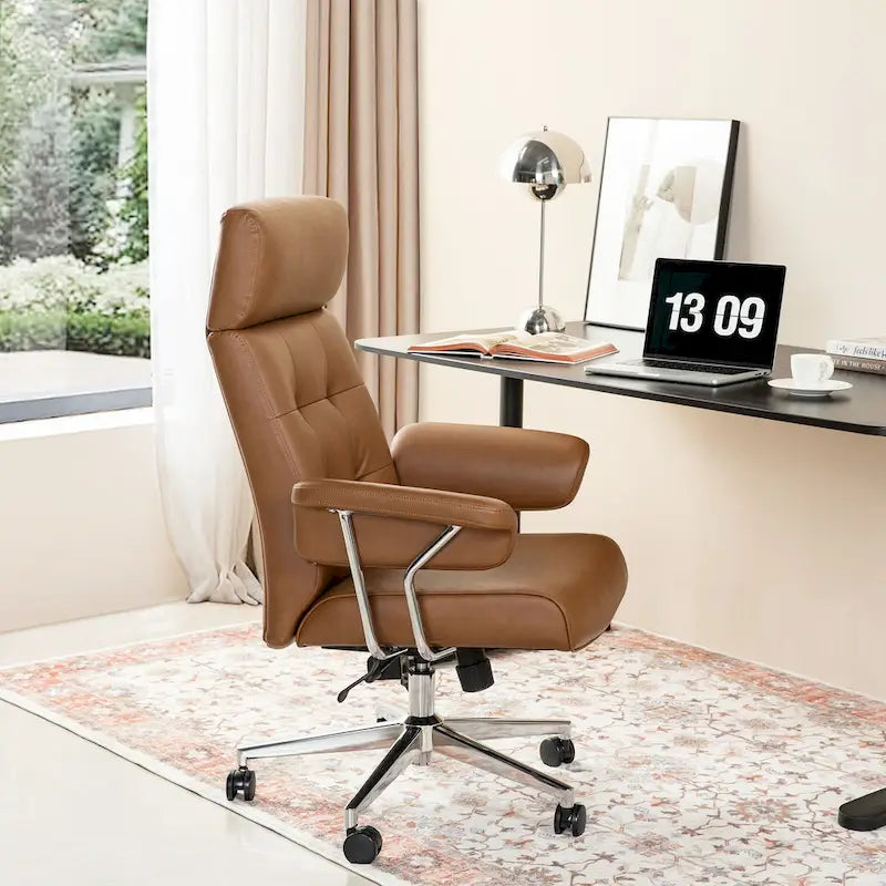 Fauteuil de bureau pivotant moderne du milieu du siècle, avec accoudoirs, en similicuir marron, réglable en hauteur par vérin à gaz