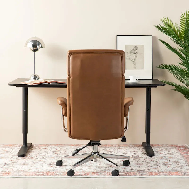 Fauteuil de bureau pivotant moderne du milieu du siècle, avec accoudoirs, en similicuir marron, réglable en hauteur par vérin à gaz