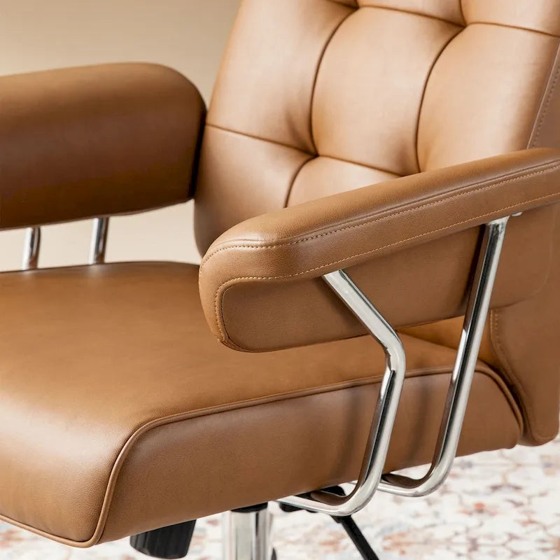 Fauteuil de bureau pivotant moderne du milieu du siècle, avec accoudoirs, en similicuir marron, réglable en hauteur par vérin à gaz