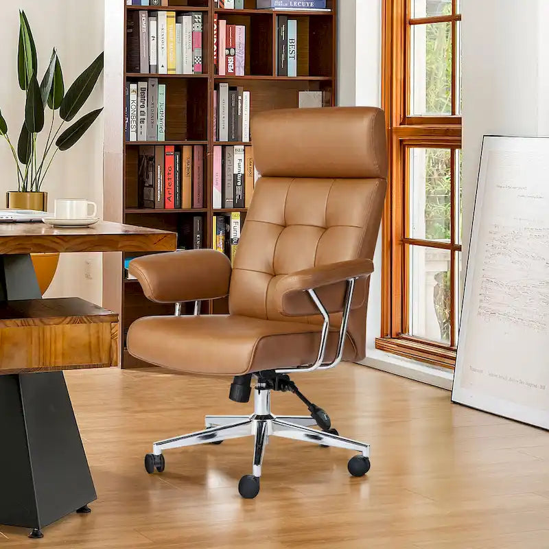Fauteuil de bureau pivotant moderne du milieu du siècle, avec accoudoirs, en similicuir marron, réglable en hauteur par vérin à gaz