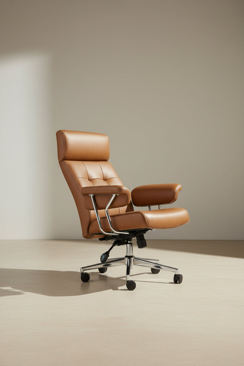 Fauteuil de bureau pivotant moderne du milieu du siècle, avec accoudoirs, en similicuir marron, réglable en hauteur par vérin à gaz
