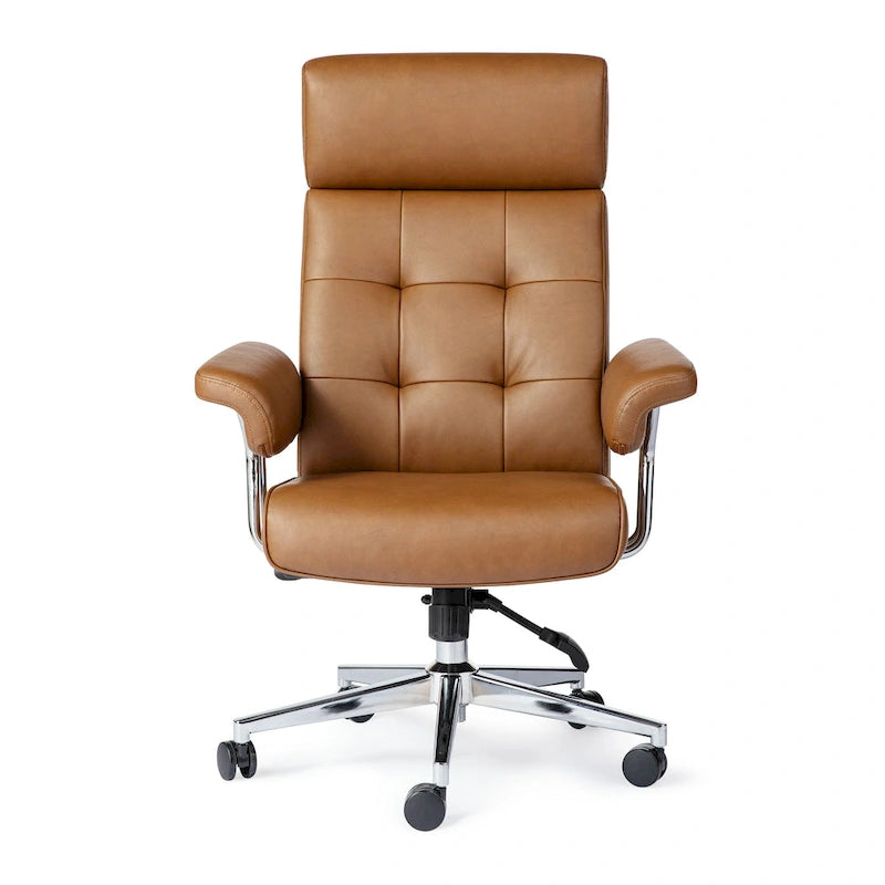 Fauteuil de bureau pivotant moderne du milieu du siècle, avec accoudoirs, en similicuir marron, réglable en hauteur par vérin à gaz