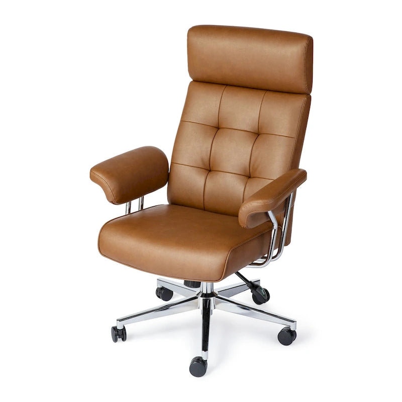 Fauteuil de bureau pivotant moderne du milieu du siècle, avec accoudoirs, en similicuir marron, réglable en hauteur par vérin à gaz