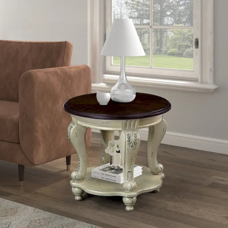 Table d'appoint ronde de 56 cm, table d'appoint en bois massif avec étagère, table d'angle de salon facile à assembler