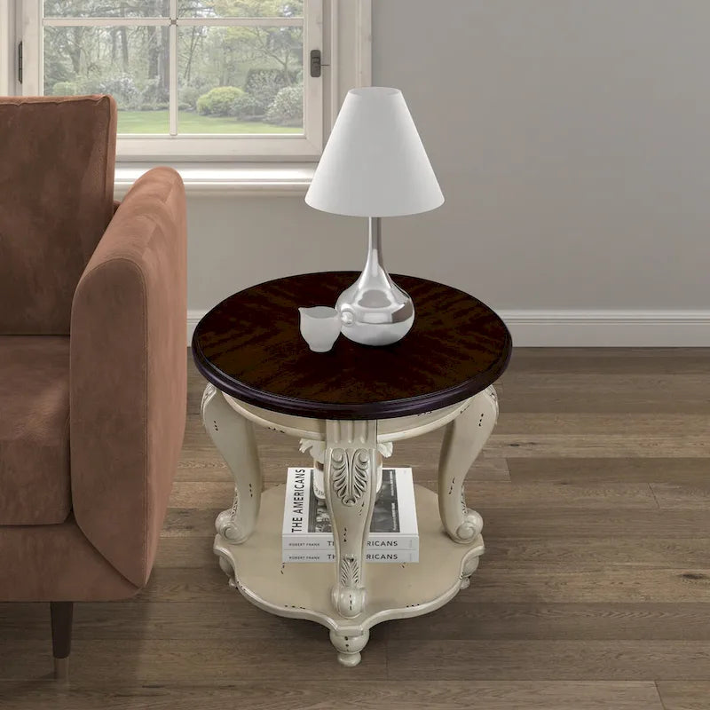 Table d'appoint ronde de 56 cm, table d'appoint en bois massif avec étagère, table d'angle de salon facile à assembler