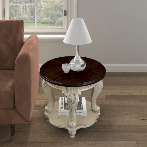 Table d'appoint ronde de 56 cm, table d'appoint en bois massif avec étagère, table d'angle de salon facile à assembler