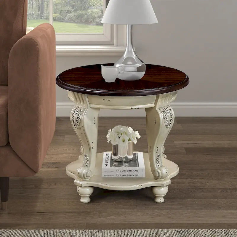 Table d'appoint ronde de 56 cm, table d'appoint en bois massif avec étagère, table d'angle de salon facile à assembler