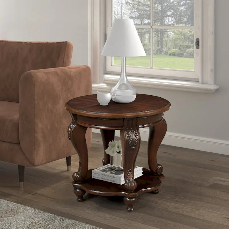 Table d'appoint ronde de 56 cm, table d'appoint en bois massif avec étagère, table d'angle de salon facile à assembler
