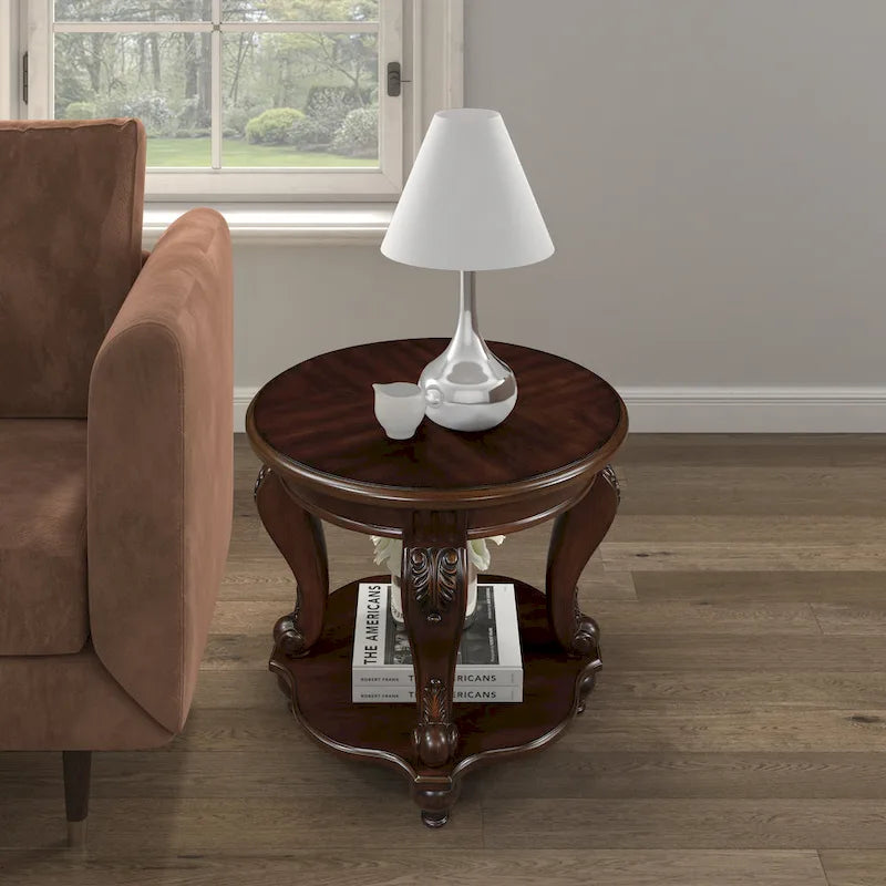 Table d'appoint ronde de 56 cm, table d'appoint en bois massif avec étagère, table d'angle de salon facile à assembler